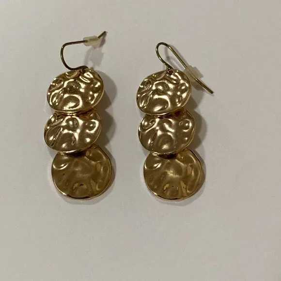 Gold Tone Hammered Disc Drop Earrings - Picture 2 of 5